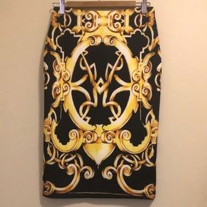 Large (size 6-8) multicolored pencil skirt. European luxurious design style.